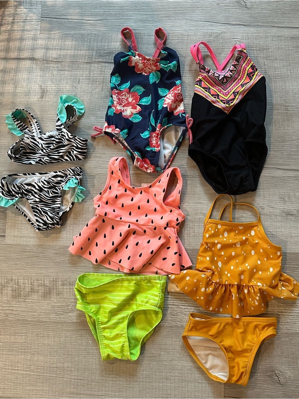 Mixed Girls' Swim suit lot - Coral, Navy, Black, Zebra, Yellow, Lime